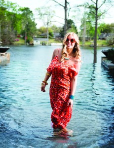 SALT & PEPPER ACCESSORY BOUTIQUE Make a splash this summer in a long printed dress from Salt & Pepper. We love the round, colorful sunglasses, stacked bracelets and statement necklace.