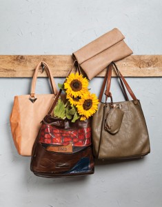 IN THE BAG WHERE TO FIND: Camel-colored tote -  Hemline Monroe,  Patch-work  leather  handbag -Deirdre McGehee Designs, Tan  snakeskin clutch - KSera Boutique, Noelle 3-in-1 shoulder bag  - Maison Couture Clothiers 