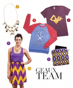 WHERE TO FIND: 1) Black & gold necklace - Cara’s Boutique 2) Louisiana Tech Bulldog sweatshirt- Mr. P’s Tees 3) Maroon and gold Louisiana tee - Salt & Pepper Accessory Boutique 4) Purple and gold zippered pouch - Maison Couture Clothiers, 5) Gold tiger necklace - Legacy Silver & Gifts 6) Purple and gold chevron dress - Cara’s Boutique