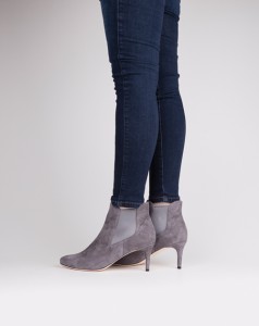 The Toggery A stiletto heel on these grey, pull-on ankle boots adds the voom to the va-va-voom. Perfect for a day to night transition. Find them at The Toggery.