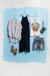 FREE BIRDS BOUTIQUE For a fresh and funky style, these essentials are sure to keep you cool this summer. Pair a distressed denim shirt with a band tee. Layer the striped shirt for nights or change the look with this great maxi.